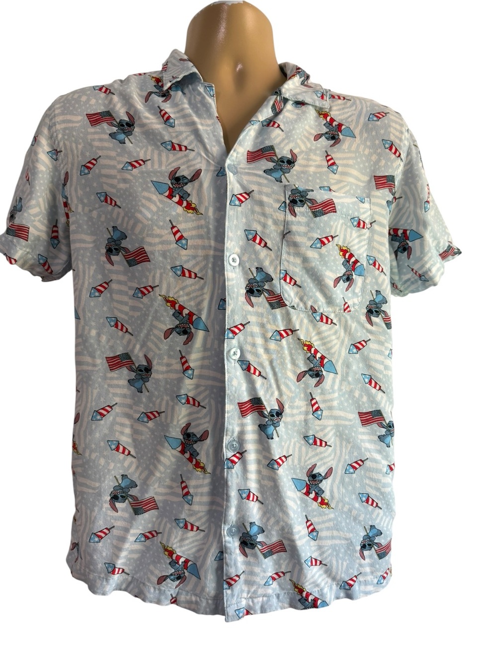 Disney Stitch Mens Patriotic American Flag Fireworks Blue Button Down Shirt S